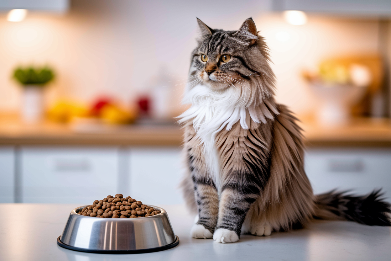 chat-duveteux-comptoir-bol-nourriture