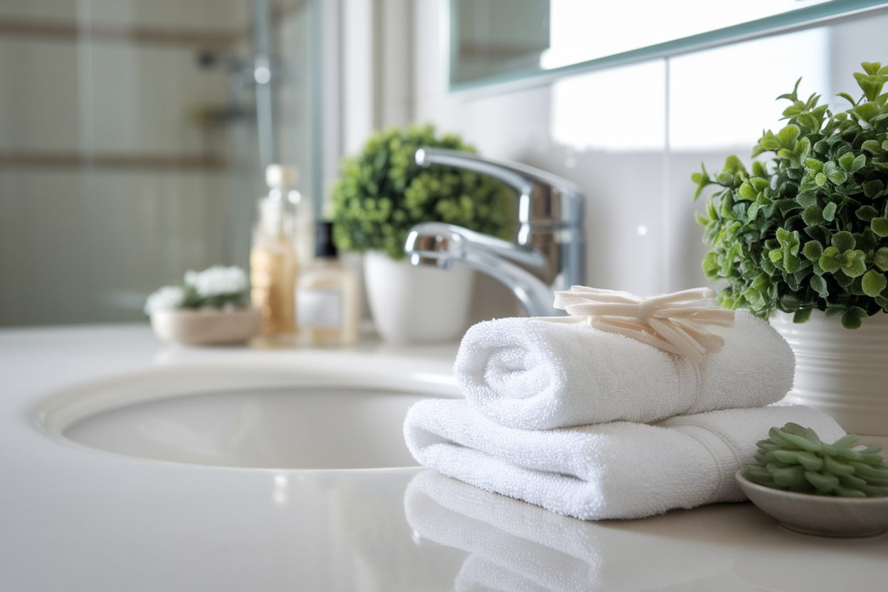 lavabo-serviette-pliee-plante-salle-bain