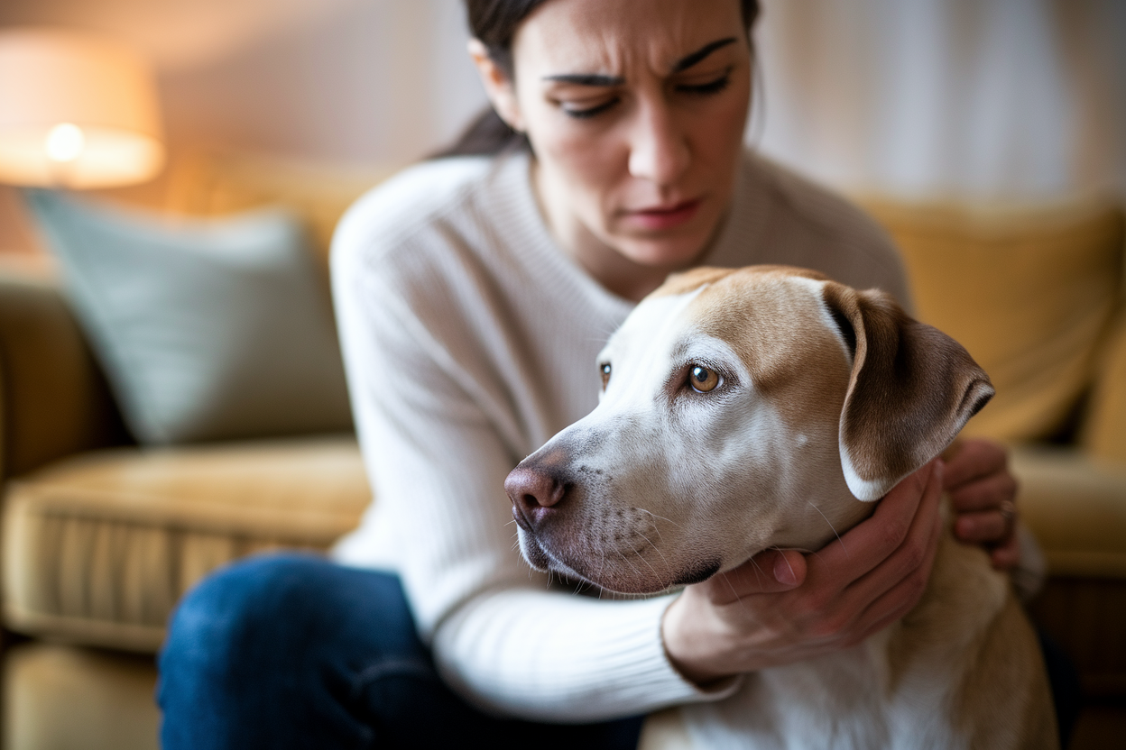 proprietaire-reconforte-chien-expression-salon