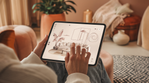 salon-elegant-personne-tablette-esquisses