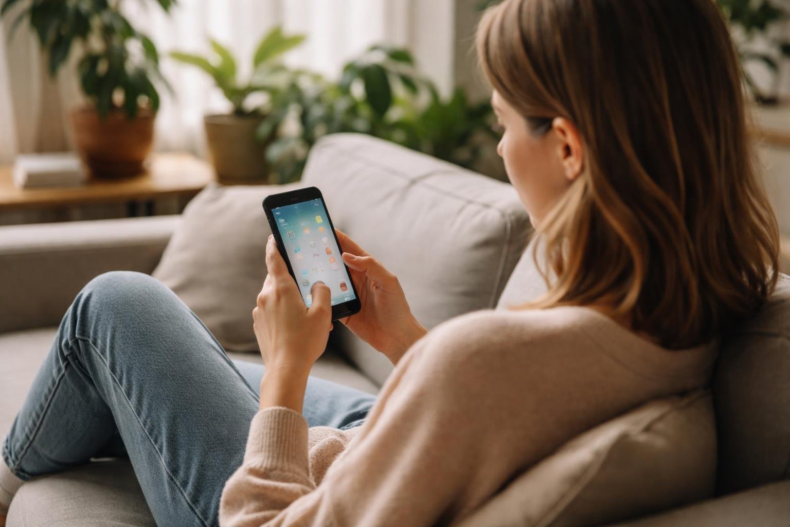 personne-canape-smartphone-plantes