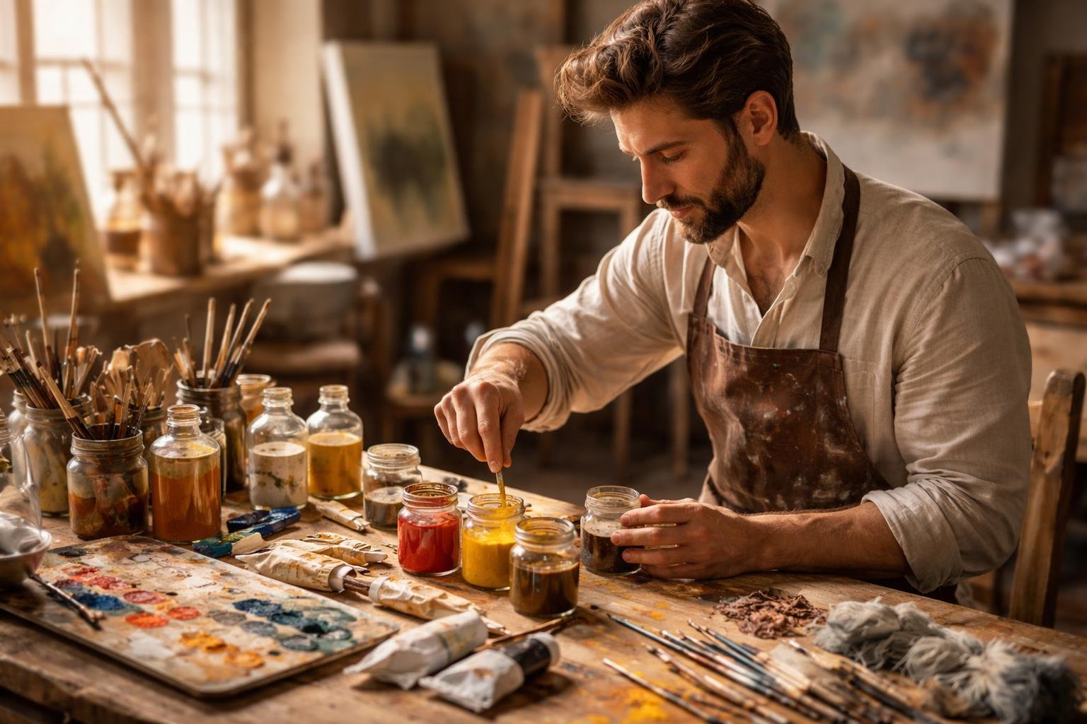 artiste-atelier-pigments-toiles-outils