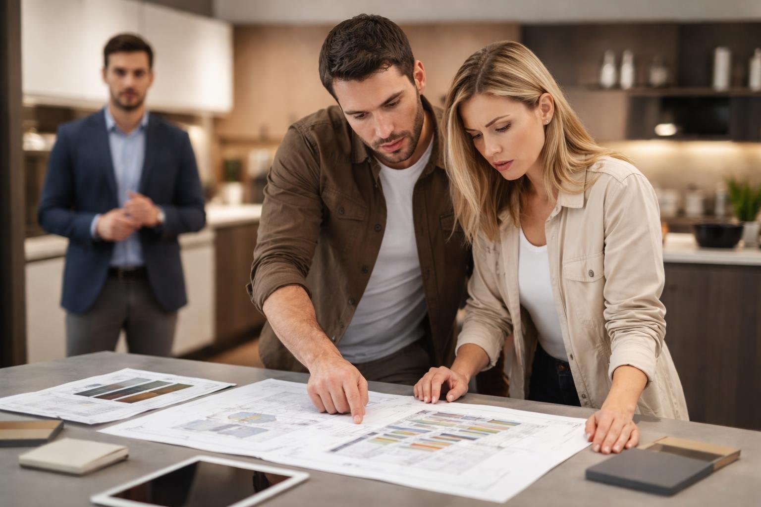 couple-plans-cuisine-showroom-moderne