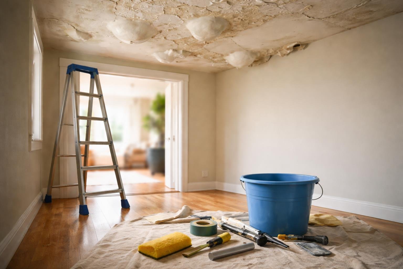 plafond-cloques-seau-echelle-outils