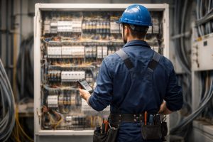 electricien-uniforme-tableau-salle-technique