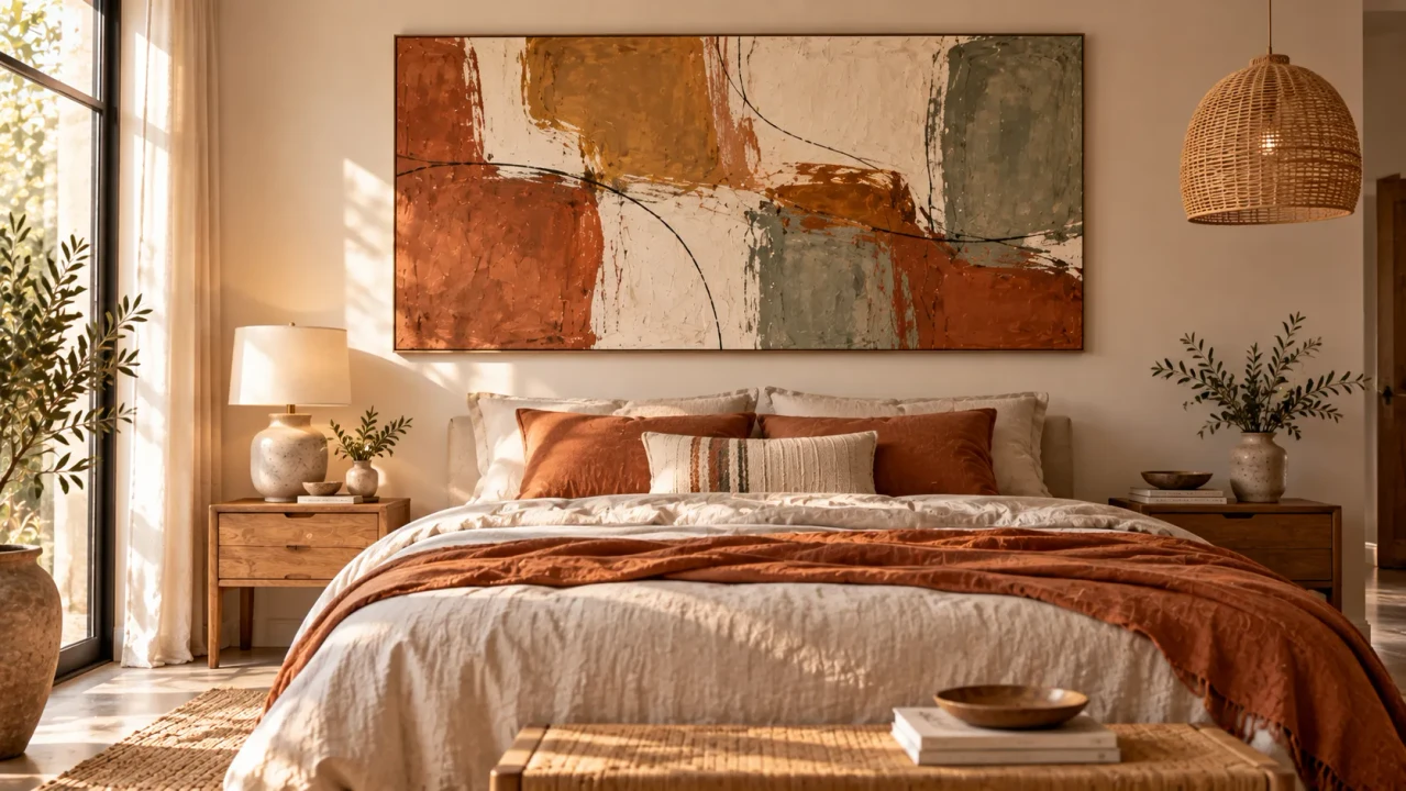 Tableau abstrait aux tons terracotta, ocre, crème et vert sauge, traversé de fines lignes noires, au-dessus d’un lit au linge blanc et au plaid terracotta