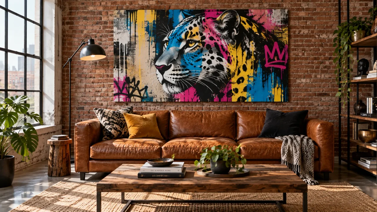 Tableau street art représentant une tête de léopard avec des coulures rose, bleu et jaune, au-dessus d’un canapé en cuir camel devant un mur de briques